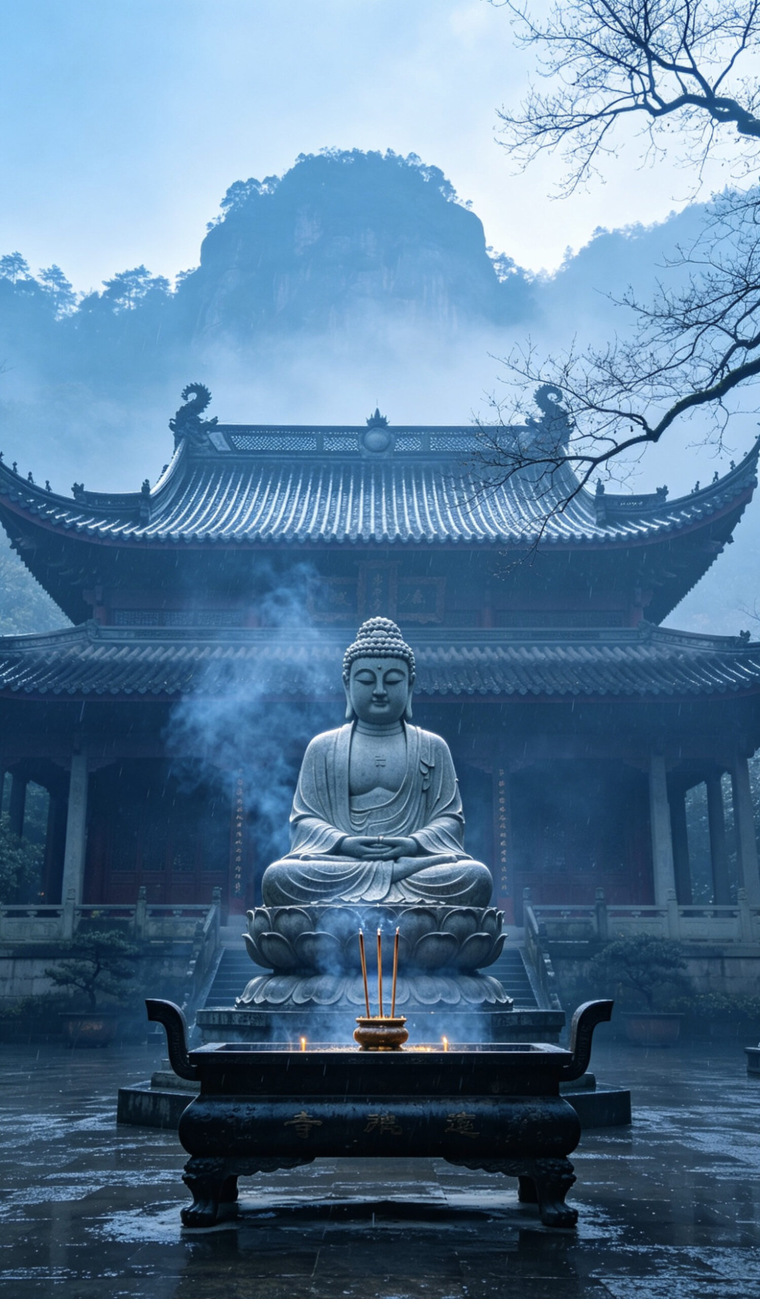 The Lingyin Temple main courtyard with incense smoke and the golden Buddha statue in the morning