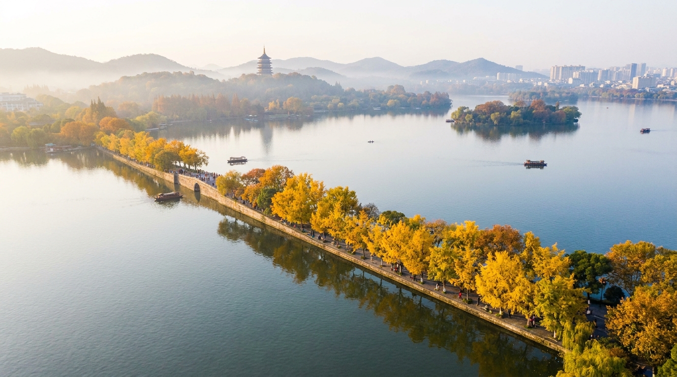 Aerial view of West Lake in autumn with Su Causeway, golden ginkgo trees, and Leifeng Pagoda in the haze