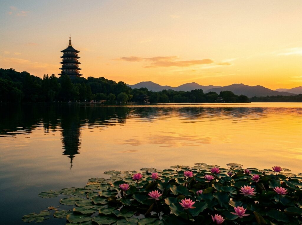 West Lake Leifeng Pagoda at sunset with lotus flowers and calm water
