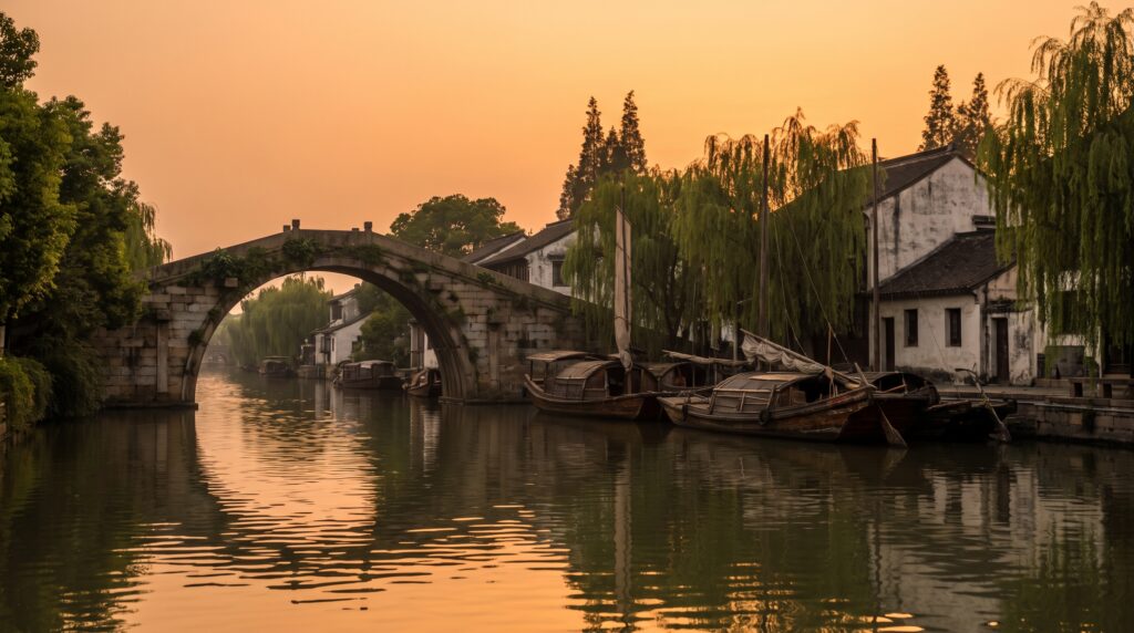 Grand Canal at sunset in Hangzhou with old stone bridge and cargo boats