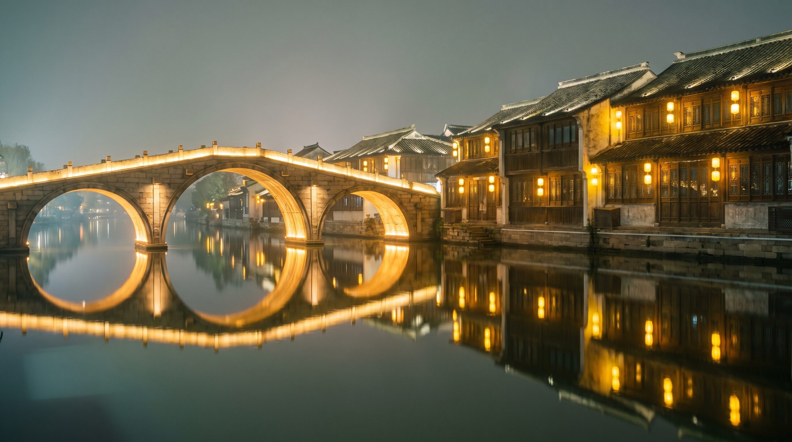 Grand Canal at night in Hangzhou with illuminated bridge and warehouse lights