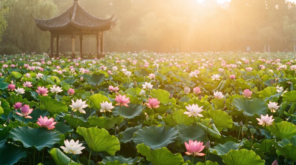 Lotus flowers in bloom at Quyuan Fenghe West Lake in summer morning light