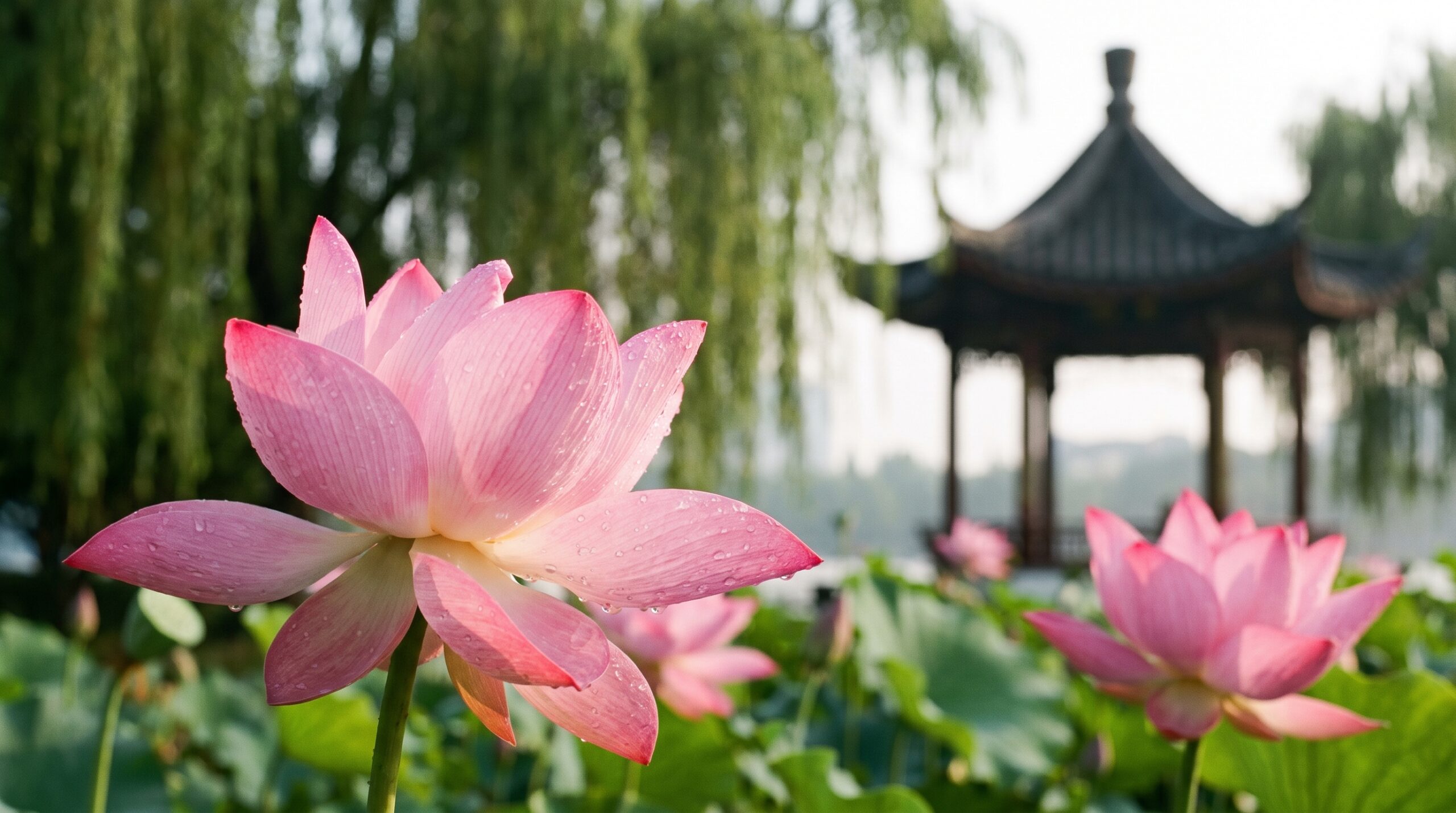 Close-up of pink lotus petals with morning dew at West Lake