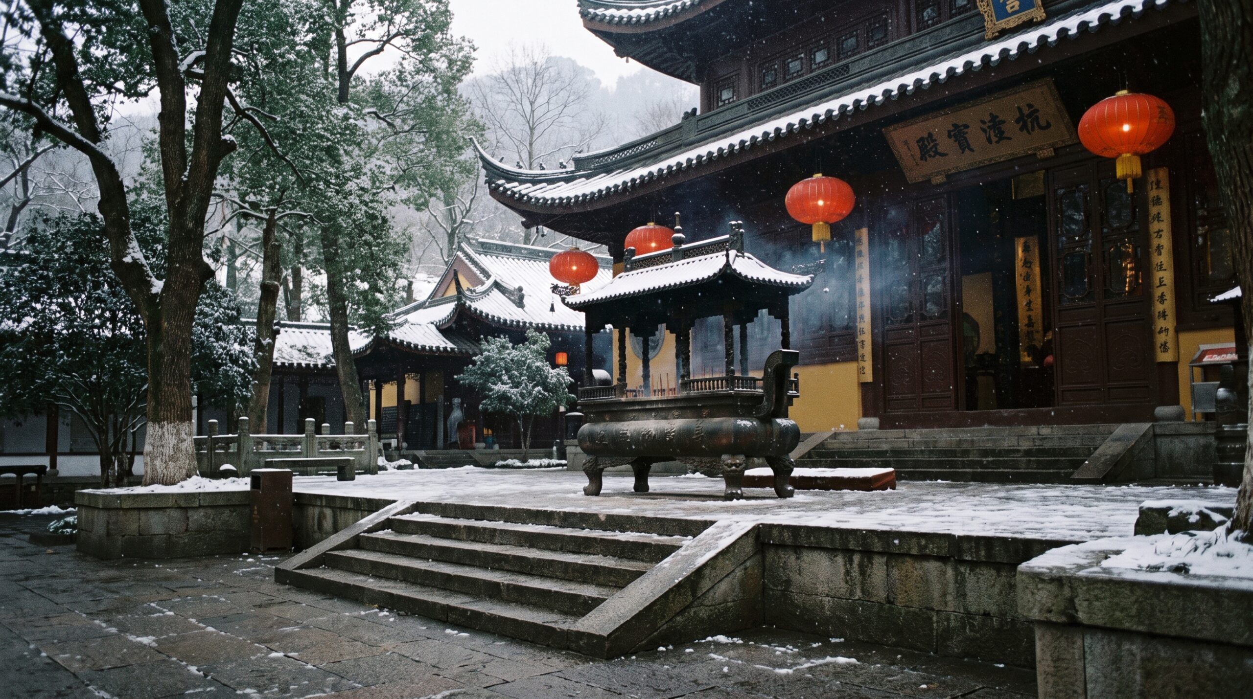 Lingyin Temple in light winter snow with red lanterns and stone steps