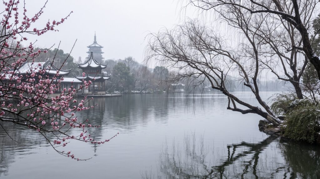 Hangzhou West Lake winter morning with light snow on pagoda rooftops